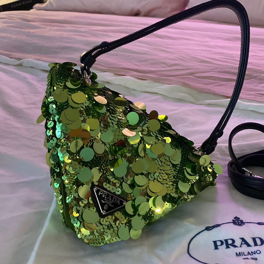 Prada Emerald Green Sequin and Leather Handbag (Duster Bag Included)